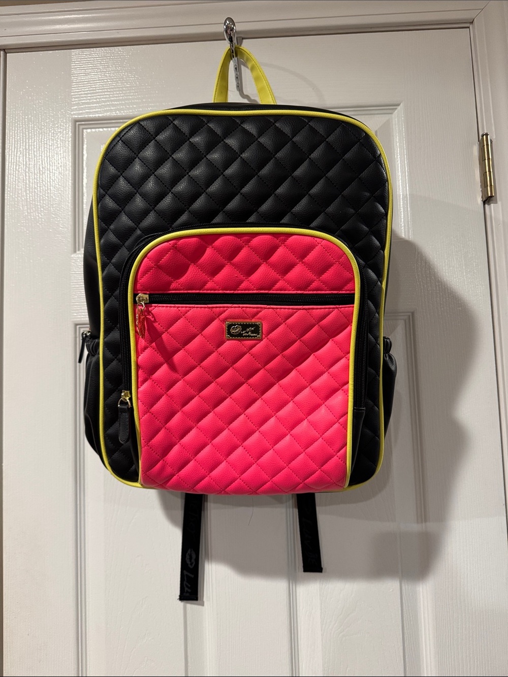 Beaty Johnson Quilted Black Backpack with Hot Pink Front Pocket and Yellow Trim
